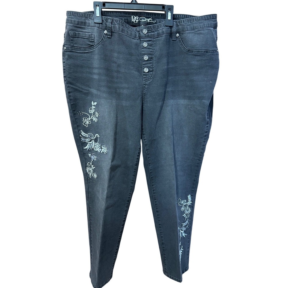 DG2 Diane Gilman Womens 1X Black Embroidered Bird Floral Stretch Jeans Tapered
